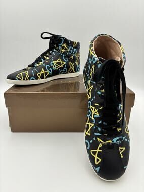 Gucci High Top Sneakers Black Blue Interlocking G Graffiti Mens Size 9